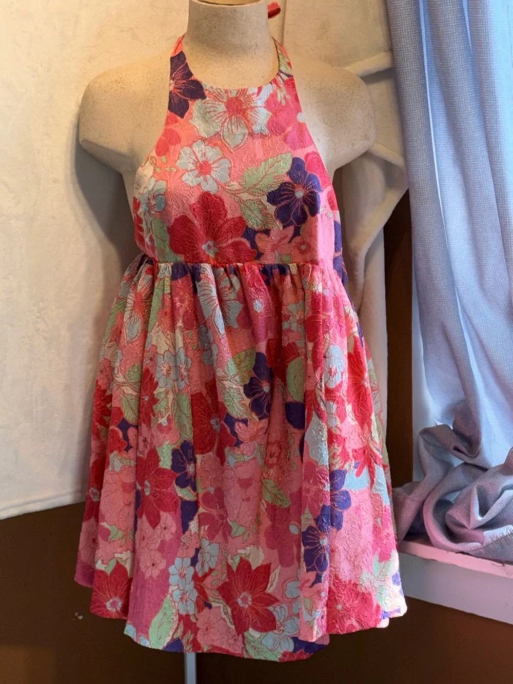 Free People PassionflowerPink Floral Halter Crinkle Fabric Lined Dress Sz M - Picture 2 of 16
